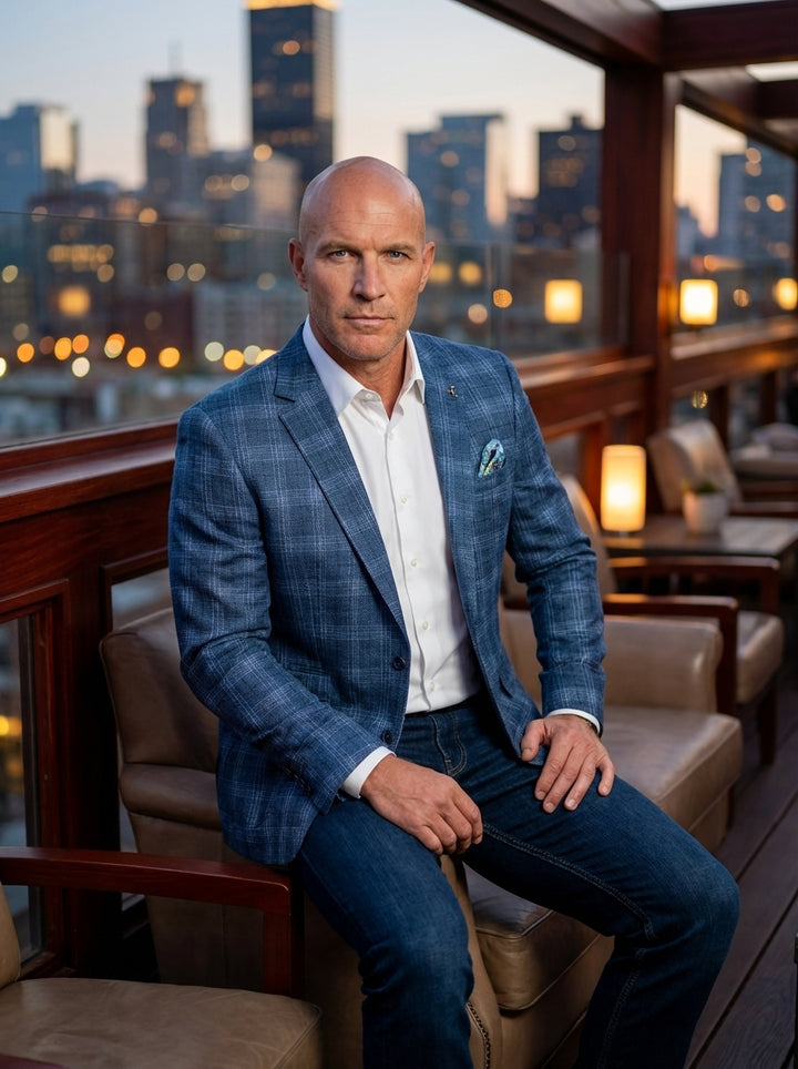 Elevate your wardrobe with this sophisticated blue checked blazer, featuring a modern slim fit and textured weave. Paired with a crisp white dress shirt and dark denim, it offers a refined yet versatile look perfect for business casual or evening events.
