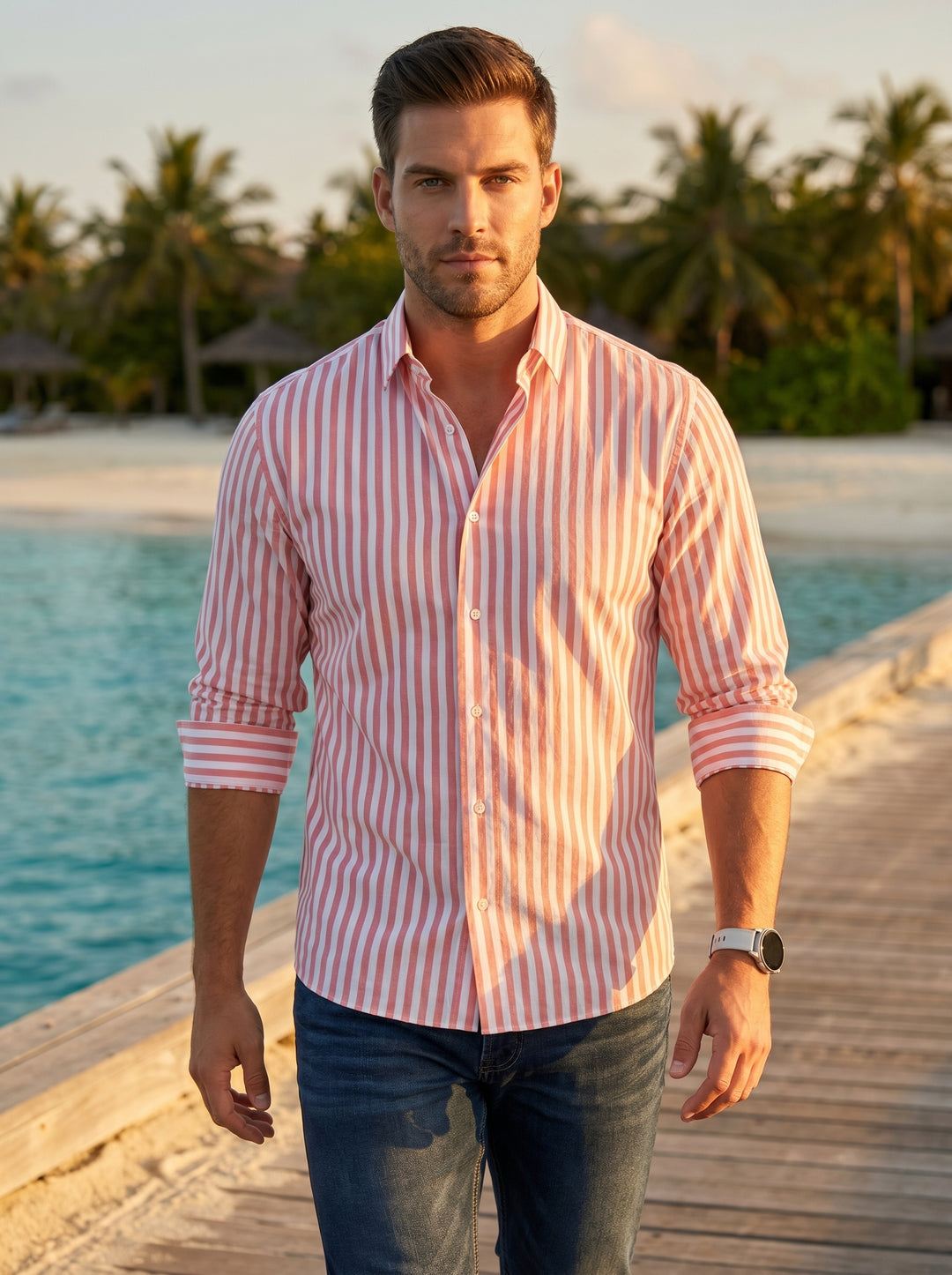 This men's long-sleeve button-down shirt features a vibrant salmon pink and white vertical stripe pattern. Crafted with a classic pointed collar and adjustable cuffs, it offers a tailored fit that pairs perfectly with denim for a sophisticated casual look