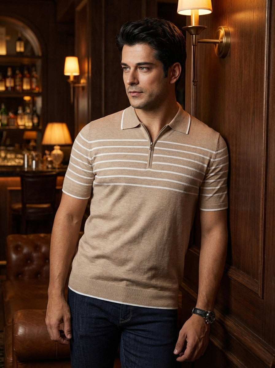 This sophisticated tan knit polo features a stylish quarter-zip neckline and crisp white horizontal stripes across the chest and sleeves. Crafted with a refined texture and tailored fit, it offers a modern take on classic casual menswear for any occasion.