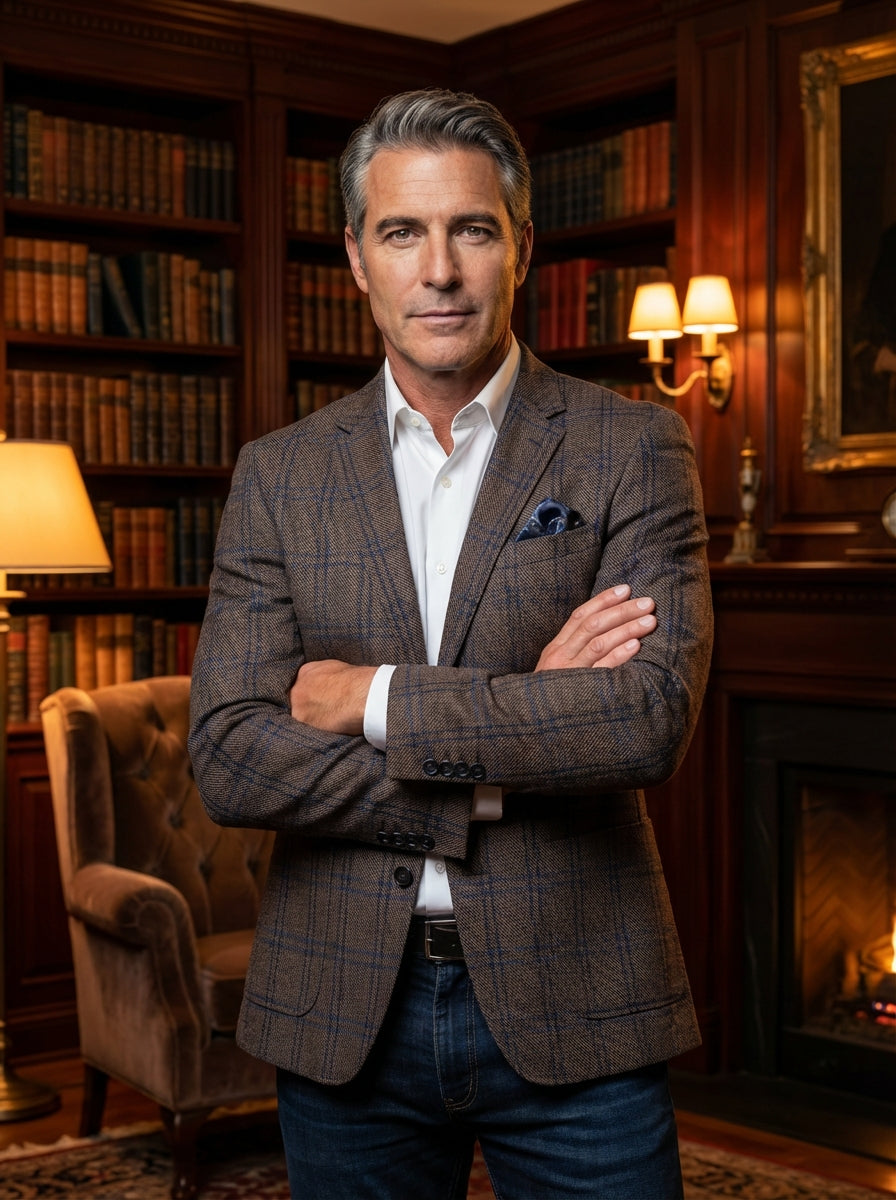 This sophisticated tailored blazer features a rich brown glen plaid pattern with subtle blue accents. Crafted for a modern slim fit, it includes notched lapels, a decorative pocket square, and refined buttons, perfectly bridging the gap between formal and