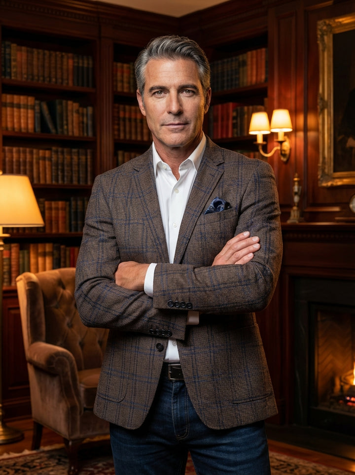 This sophisticated tailored blazer features a rich brown glen plaid pattern with subtle blue accents. Crafted for a modern slim fit, it includes notched lapels, a decorative pocket square, and refined buttons, perfectly bridging the gap between formal and