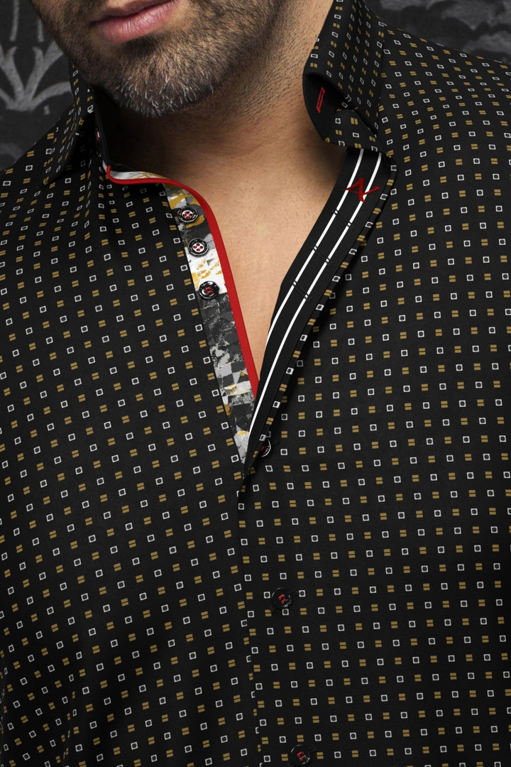 green emerald velvet dress Men's Banded Collar Dress Shirt in Black with Gold Embroidery, 18 34/35 / Black