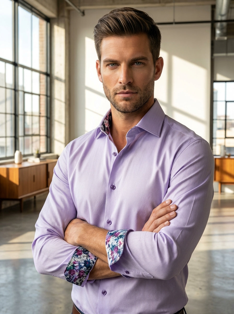 This Masutto men's dress shirt features a sophisticated lavender hue with a delicate herringbone texture. It offers a modern spread collar, contrasting floral inner lining, and tonal purple buttons, blending classic tailoring with contemporary details for