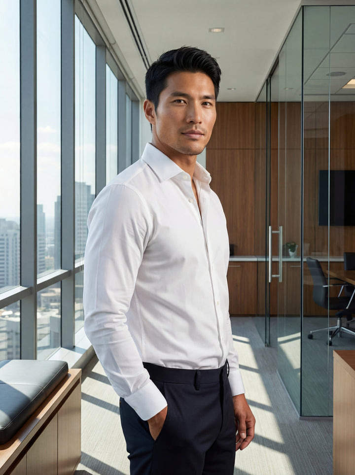 This classic men's white dress shirt features a crisp spread collar, long sleeves with structured cuffs, and a tailored slim-fit silhouette. Crafted from high-quality cotton for a smooth finish, it offers a versatile look suitable for any formal occasion.