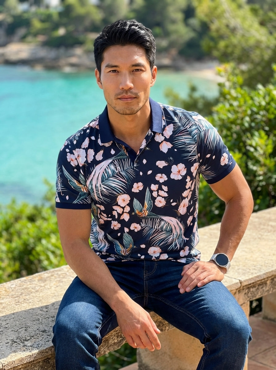 This navy polo shirt features a vibrant tropical print showcasing white hibiscus flowers and exotic birds amidst palm fronds. Crafted with a classic collar and short sleeves, it offers a regular fit that pairs effortlessly with dark denim for casual elega