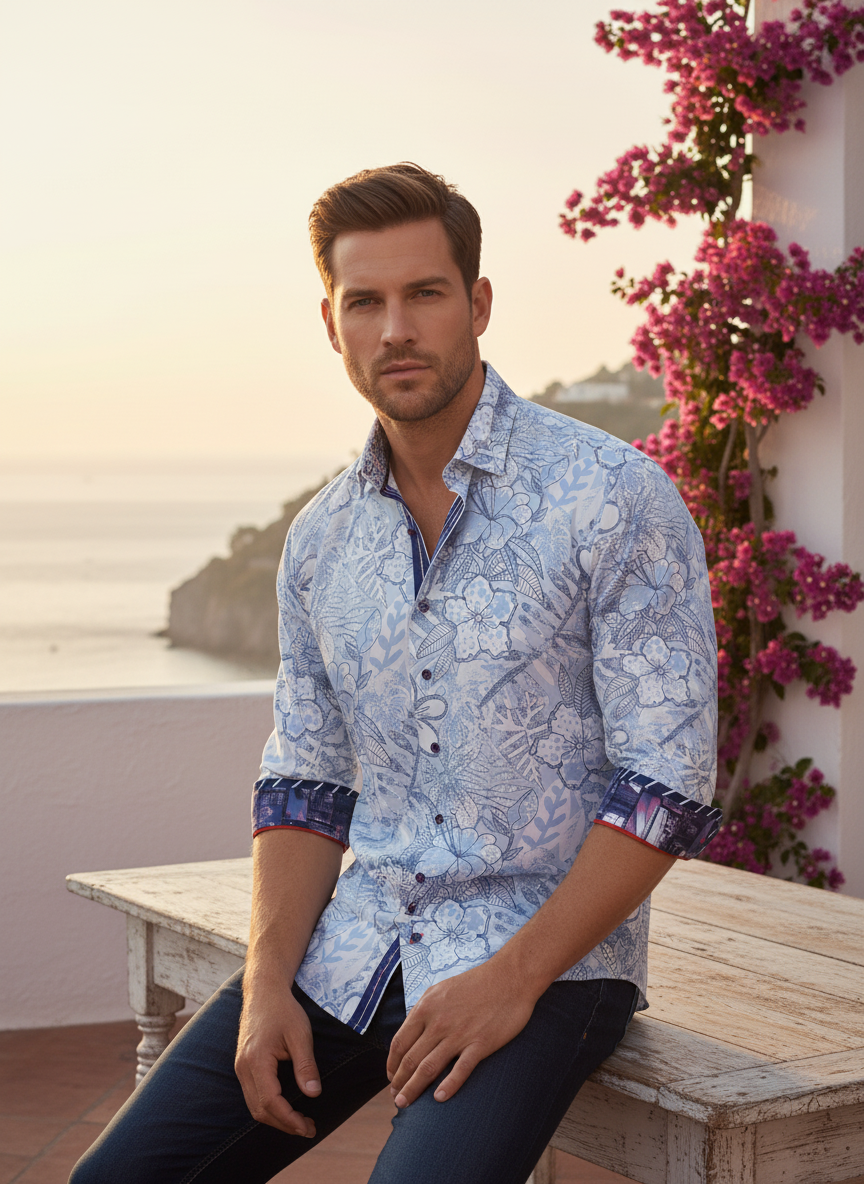 A sophisticated light blue button-down shirt featuring an intricate botanical print. Detailed with contrasting inner collar and cuffs for a contemporary edge, this premium piece seamlessly transitions from stylish city days to relaxed coastal evenings.