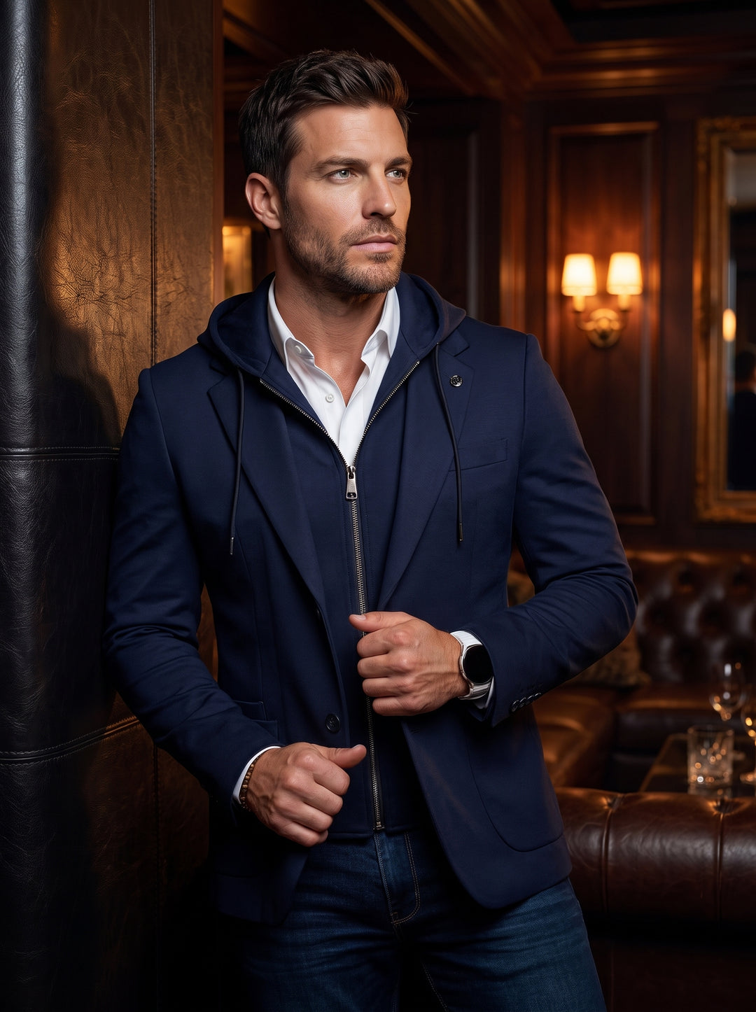 This navy hybrid blazer features a zip-front hooded insert, combining tailored sophistication with casual versatility. It includes notch lapels, a sleek slim fit, and a crisp white shirt underneath, creating a modern layered aesthetic perfect for upscale 