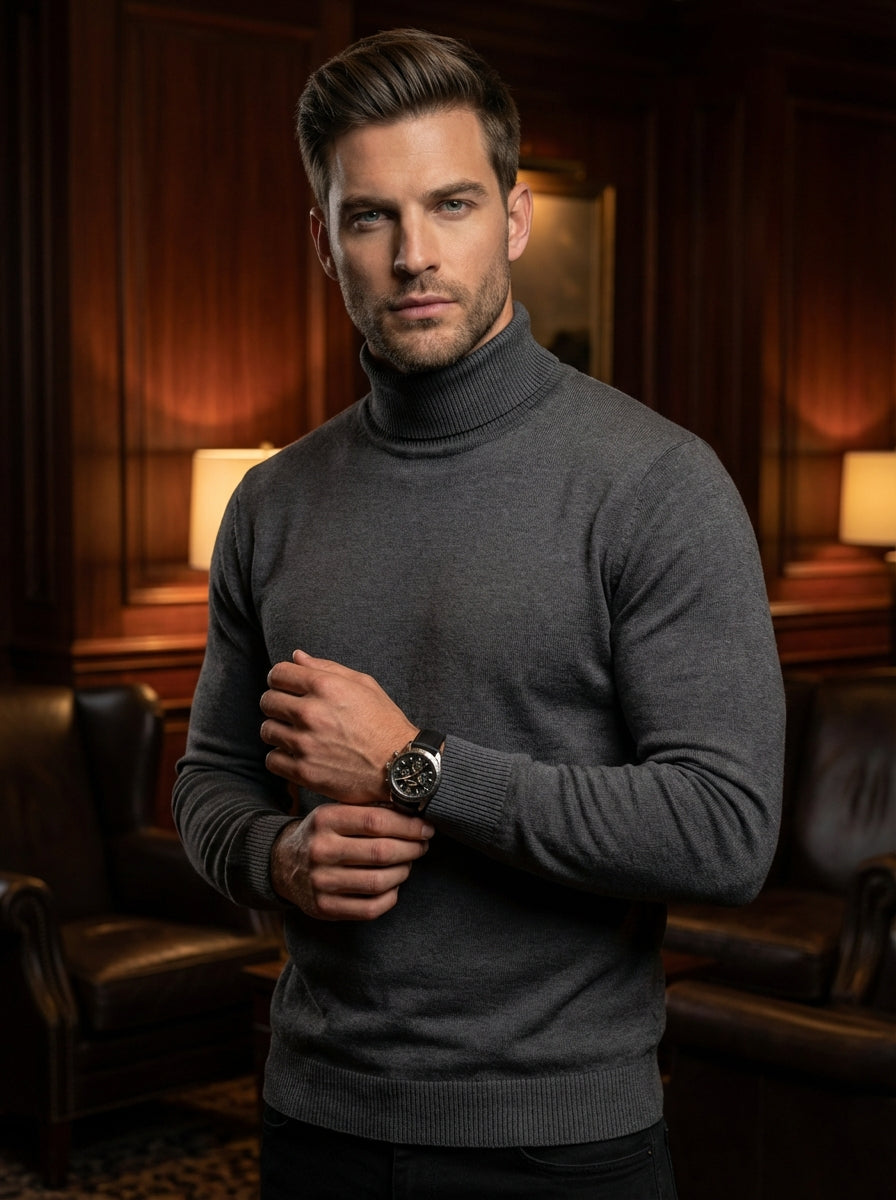 Elevate your wardrobe with this sophisticated charcoal grey turtleneck sweater. Crafted from a premium fine-knit blend, it features a classic roll neck and ribbed cuffs for a tailored fit. Versatile and timeless, it pairs perfectly with jeans or dress tro
