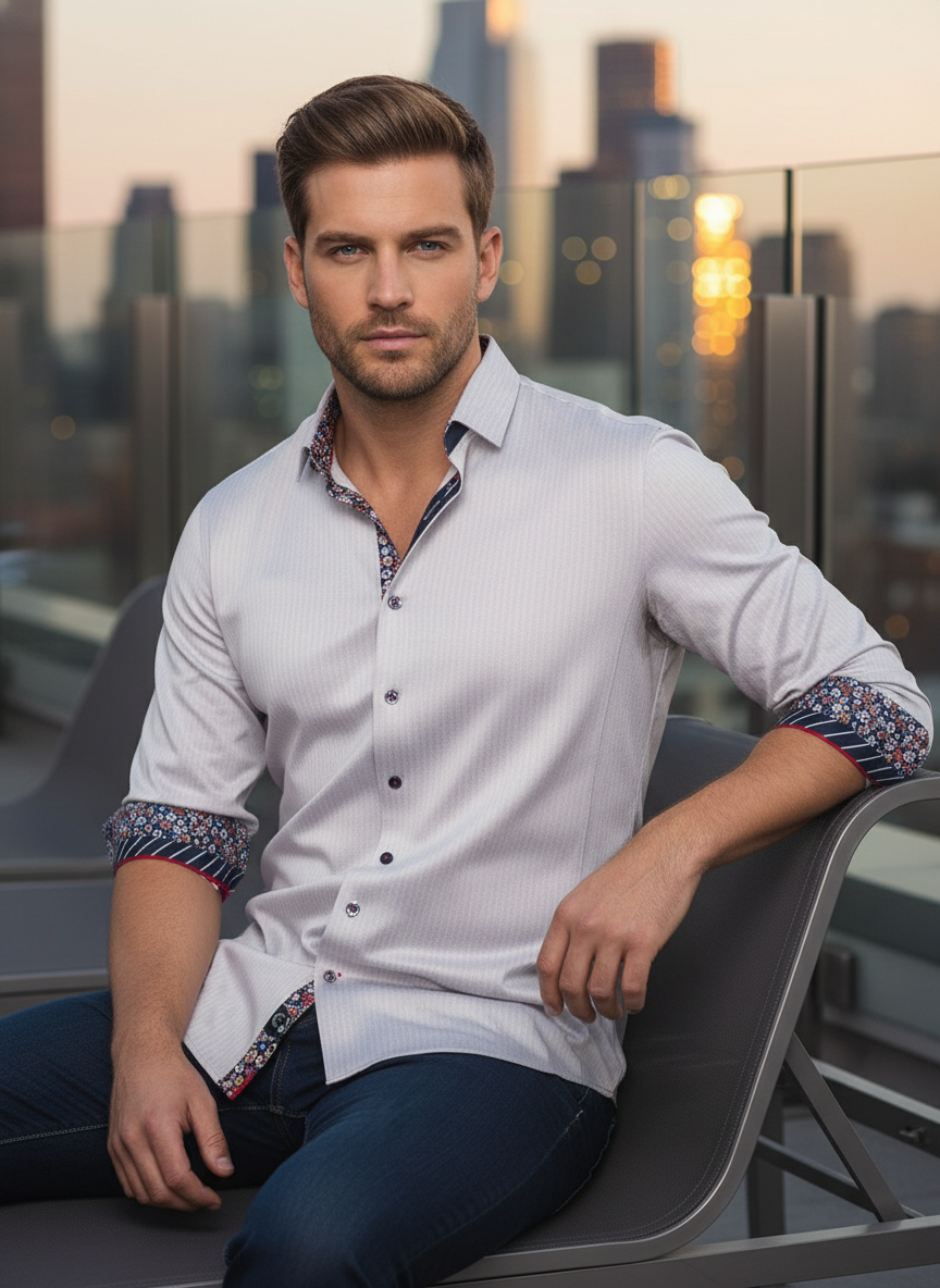 This sophisticated light grey button-down features a subtle textured weave. Intricate floral and striped contrast lining on the cuffs and collar adds a playful modern edge, while refined red piping offers a polished, designer finish.