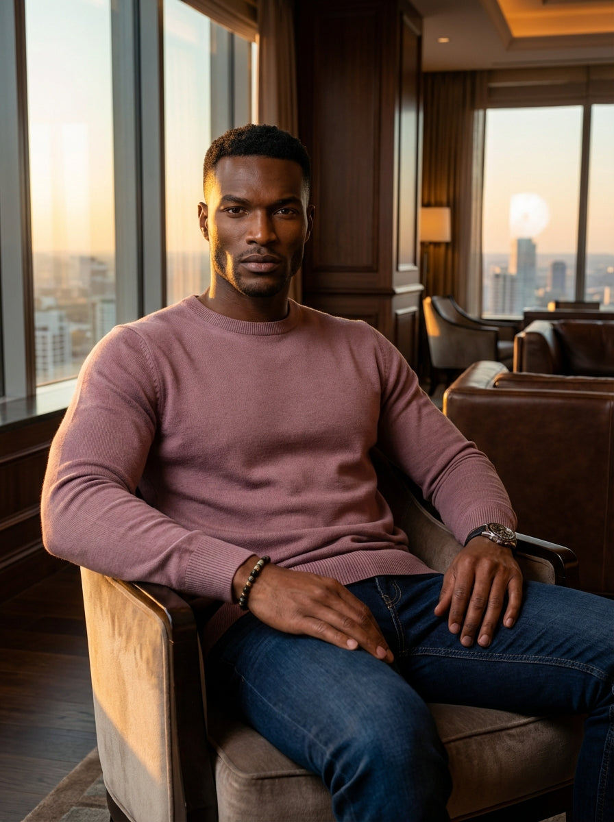 Elevate your casual wardrobe with this premium mauve-toned crewneck sweater. Crafted from a soft, fine-knit fabric, it features ribbed cuffs and hem for a tailored fit. This versatile piece pairs perfectly with dark denim for a sophisticated, modern aesth