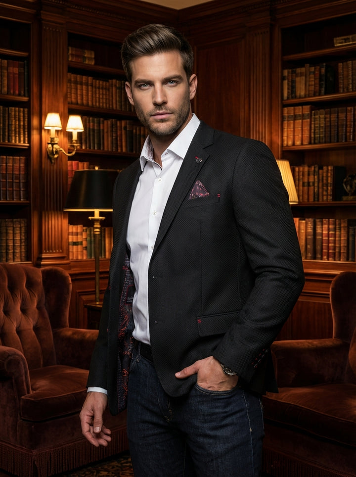 This sophisticated black textured blazer features a slim fit, notched lapels, and a vibrant patterned interior lining. Accented with a coordinated pocket square and subtle red stitching, it pairs perfectly with a crisp white shirt for a refined, modern ae