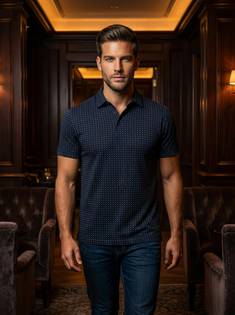 This sophisticated navy polo features a tailored slim fit and a refined micro-geometric print across the fabric. Crafted with a classic pointed collar and short sleeves, it offers a contemporary blend of athletic comfort and polished, upscale casual style