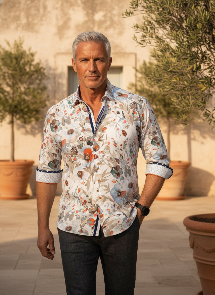 A sophisticated white button-down shirt featuring an artistic, painterly floral motif in vibrant citrus and azure. Contrast geometric cuffs and intricate collar piping provide a modern, tailored finish for the contemporary man.
