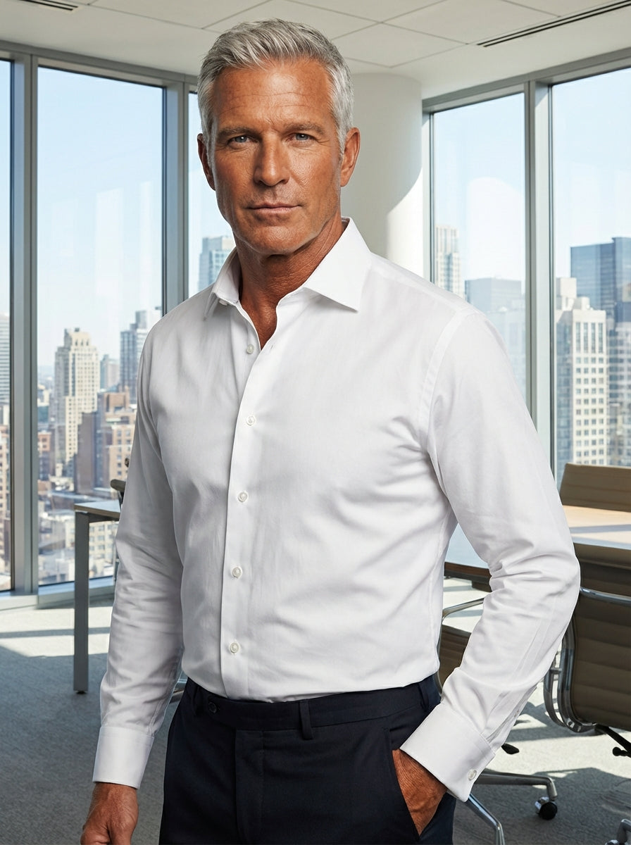 This classic Masutto white dress shirt features a crisp spread collar and long sleeves with double-button cuffs. Crafted from high-quality, breathable fabric, it offers a refined silhouette with a clean button-down front, perfect for a sophisticated and p