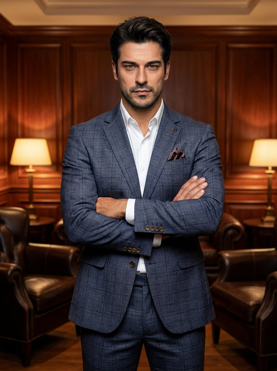 This sophisticated two-piece suit features a refined charcoal blue fabric with a subtle windowpane check pattern. Tailored for a modern slim fit, the blazer includes a notched lapel and patterned pocket square, paired seamlessly with matching flat-front t