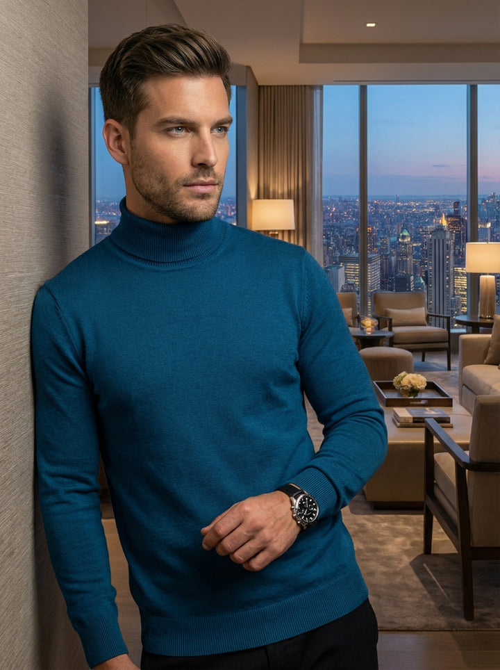 This sophisticated men's turtleneck sweater features a rich teal blue hue and a refined slim-fit silhouette. Crafted from high-quality, fine-gauge knit fabric, it offers both warmth and style. Ribbed detailing at the collar and cuffs ensures a polished fi