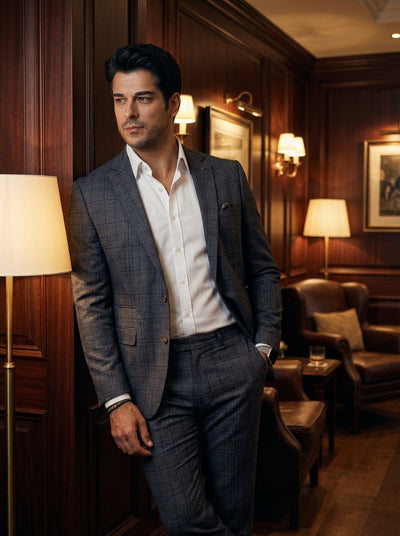 This sophisticated two-piece suit features a charcoal grey plaid pattern with subtle blue overchecks. Crafted with a tailored fit, the notched lapel jacket and matching trousers offer a modern silhouette, perfectly complemented by a crisp white button-dow