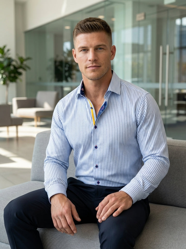This sophisticated light blue button-down shirt features vertical navy pinstripes and distinctive contrasting details. The inner collar and placket showcase a vibrant yellow accent and navy floral pattern, paired with navy buttons for a modern, tailored a