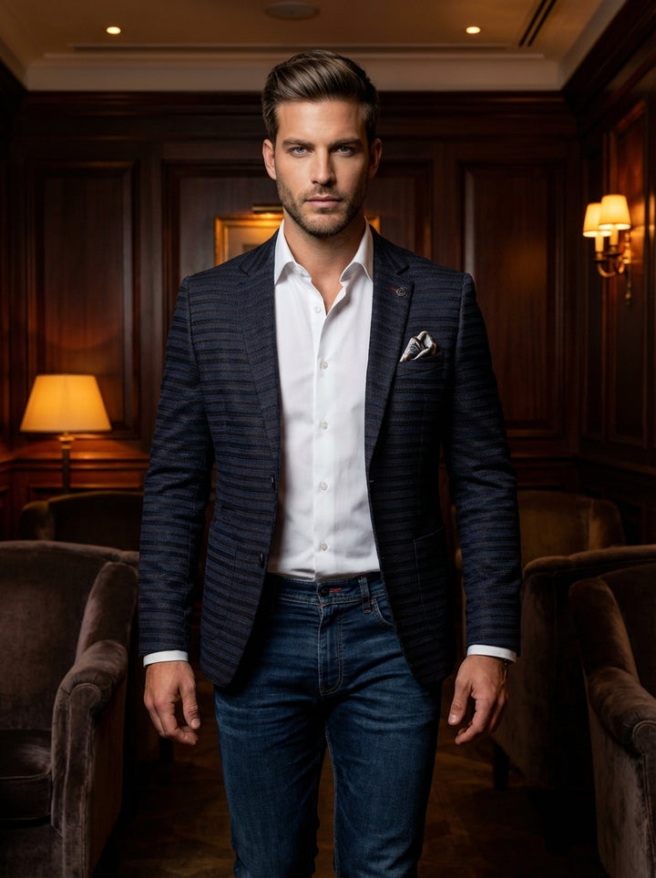 This sophisticated ensemble features a textured, navy striped blazer with a notched lapel and a distinctive pocket square. Paired with a crisp white button-down shirt and classic dark wash denim, it offers a refined smart-casual look for the modern gentle