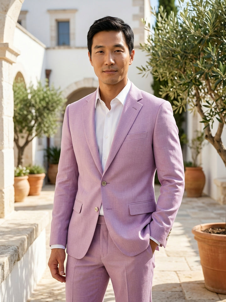 This sophisticated two-piece suit in a soft lavender hue offers a modern twist on classic tailoring. Featuring a notched lapel, two-button closure, and slim-fit trousers, it is crafted from a textured linen blend for breathable elegance at any formal even