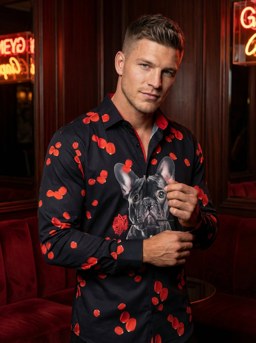This bold black button-down shirt features a unique graphic print of a French Bulldog accompanied by falling red rose petals. Crafted with a sleek collar and contrasting red interior lining, it offers a sophisticated yet playful twist on modern menswear.