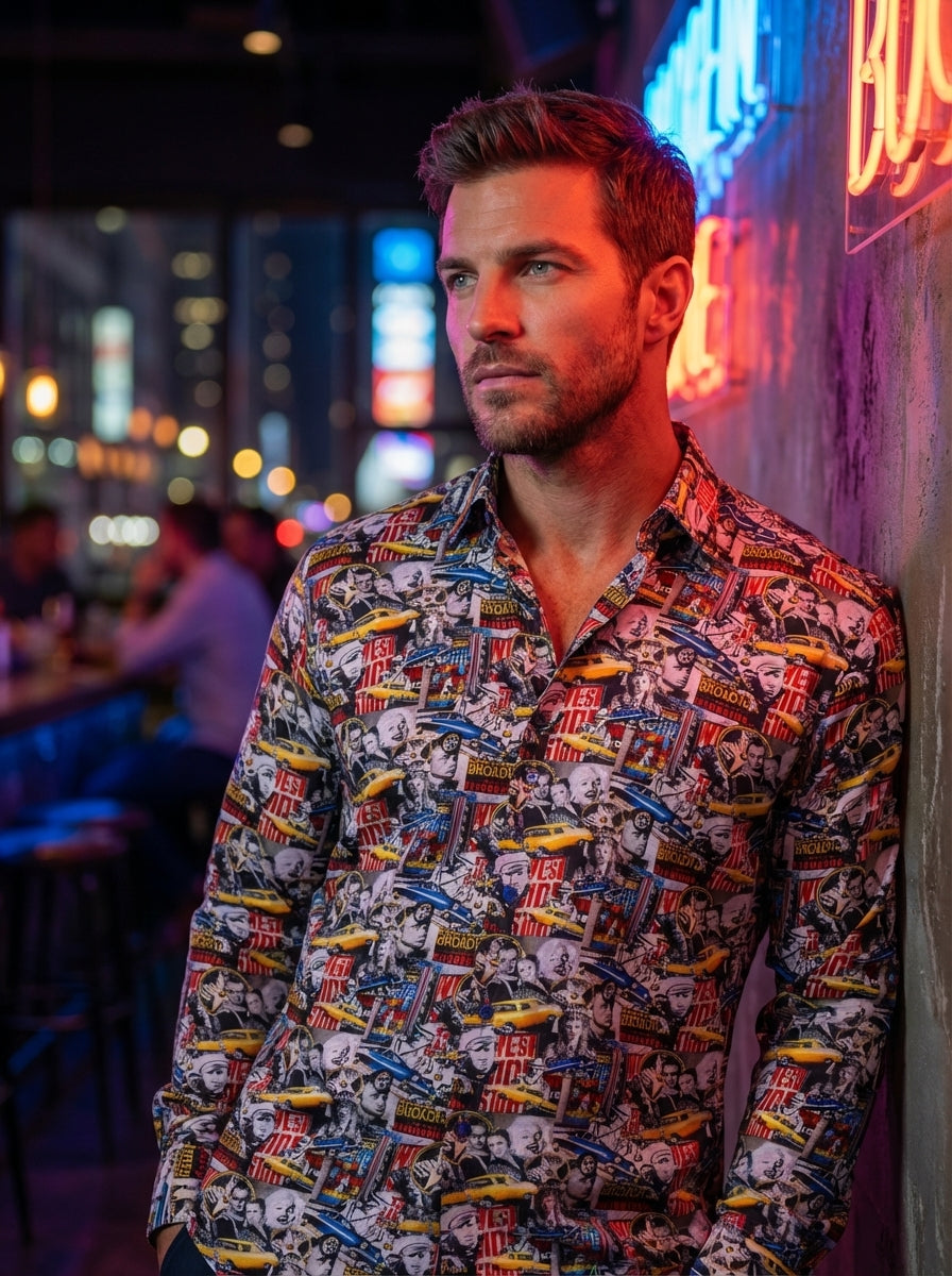 This bold long-sleeved button-down shirt features a vibrant all-over vintage New York City collage print. The design includes iconic yellow taxis, classic automobiles, and retro Broadway-style imagery, creating a maximalist and nostalgic aesthetic for a s