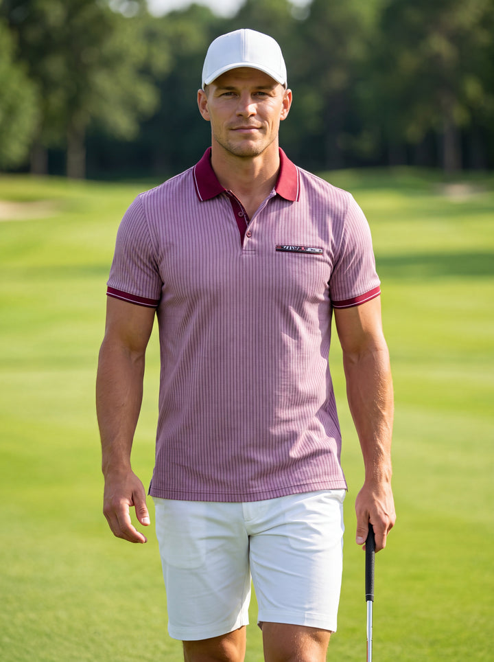 This sophisticated mauve polo shirt features subtle vertical striping and contrasting burgundy accents on the collar and sleeve cuffs. A patterned chest pocket detail adds a touch of flair, while the modern tailored fit ensures a sharp and stylish appeara