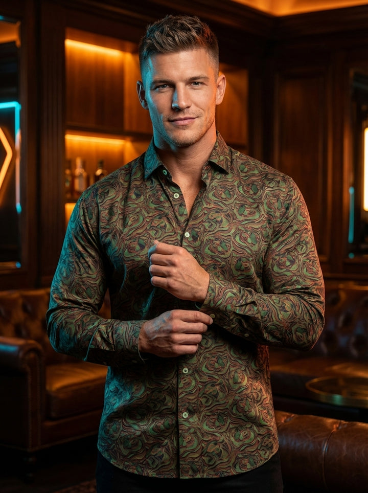 This men's long-sleeve button-down shirt features a captivating psychedelic swirl pattern in earthy shades of forest green, terracotta, and mustard. Crafted from a smooth, lightweight fabric with a subtle sheen, it offers a sophisticated yet bold aestheti