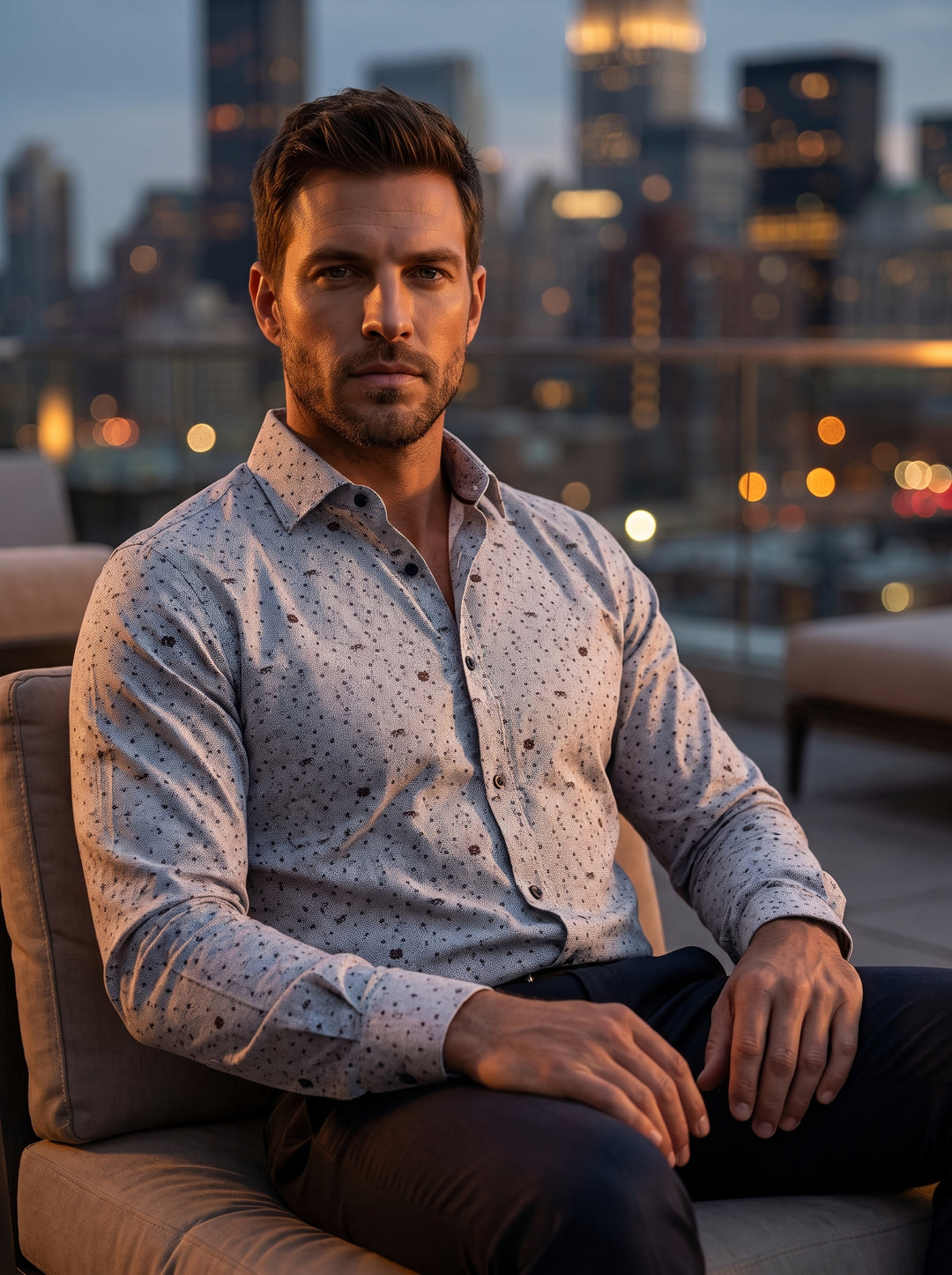 This tailored long-sleeve button-down shirt features a sophisticated light grey textured base adorned with an intricate micro-print of dark geometric dots and subtle floral motifs. Designed with a structured collar and contrasting dark buttons, it offers 