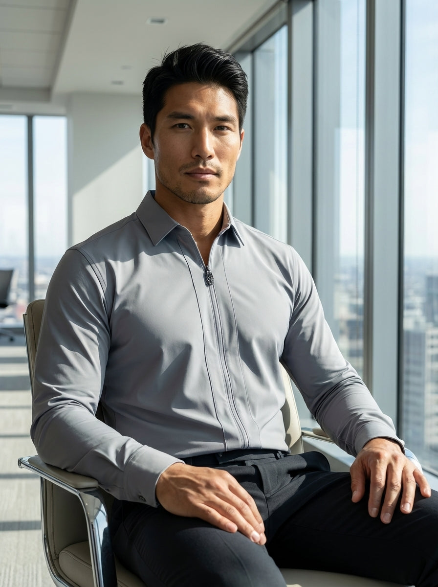 This contemporary men's long-sleeve shirt in a sleek slate grey features a unique zip-front closure instead of traditional buttons. Crafted from a smooth, high-stretch performance fabric, it offers a tailored fit with a modern collar and clean, minimalist