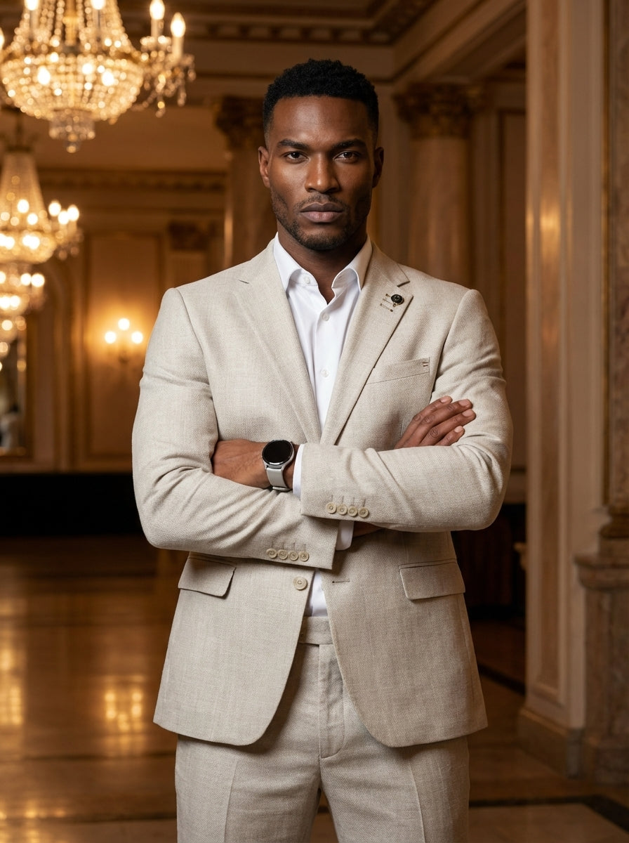 A refined light beige two-piece suit crafted from a subtle textured fabric. The single-breasted blazer features notch lapels, a decorative lapel pin, and flap pockets, paired with matching trousers and a crisp white dress shirt for a contemporary, sophist