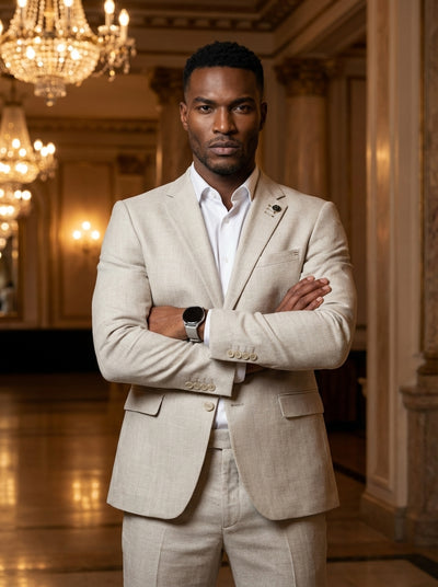 A refined light beige two-piece suit crafted from a subtle textured fabric. The single-breasted blazer features notch lapels, a decorative lapel pin, and flap pockets, paired with matching trousers and a crisp white dress shirt for a contemporary, sophist