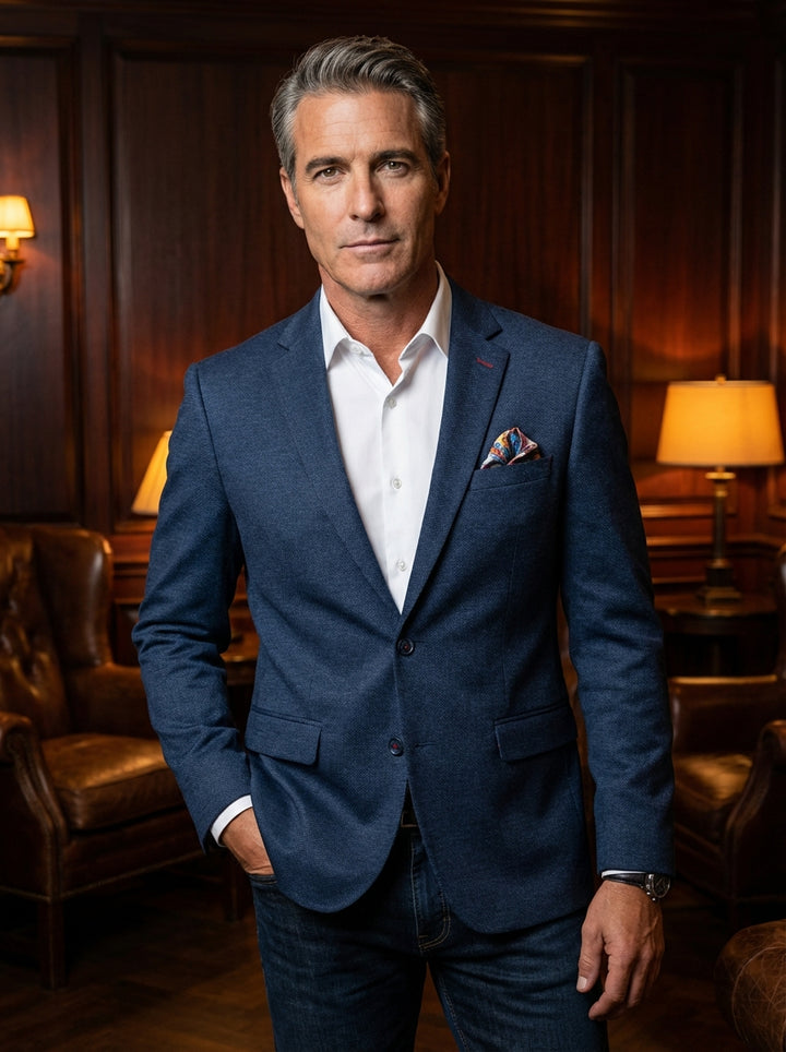 This sophisticated navy blue tailored blazer features a refined textured weave, slim-fit silhouette, and notch lapels. It is accented with a colorful patterned pocket square and a crisp white button-down shirt, creating a perfect smart-casual look for the