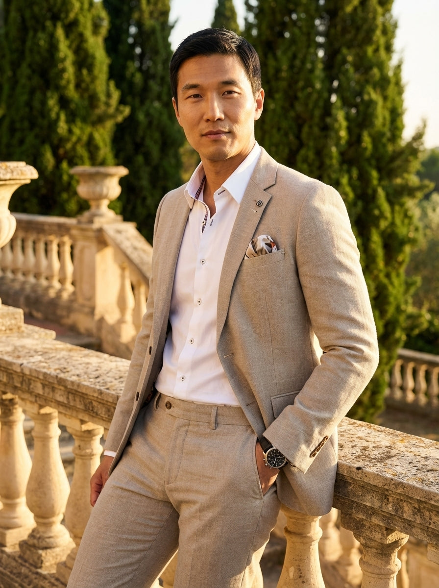 This sophisticated two-piece suit is crafted from a premium textured beige linen-blend fabric, offering a modern slim-fit silhouette. The blazer features notched lapels, contrast buttons, and a patterned pocket square, perfectly complemented by a crisp wh