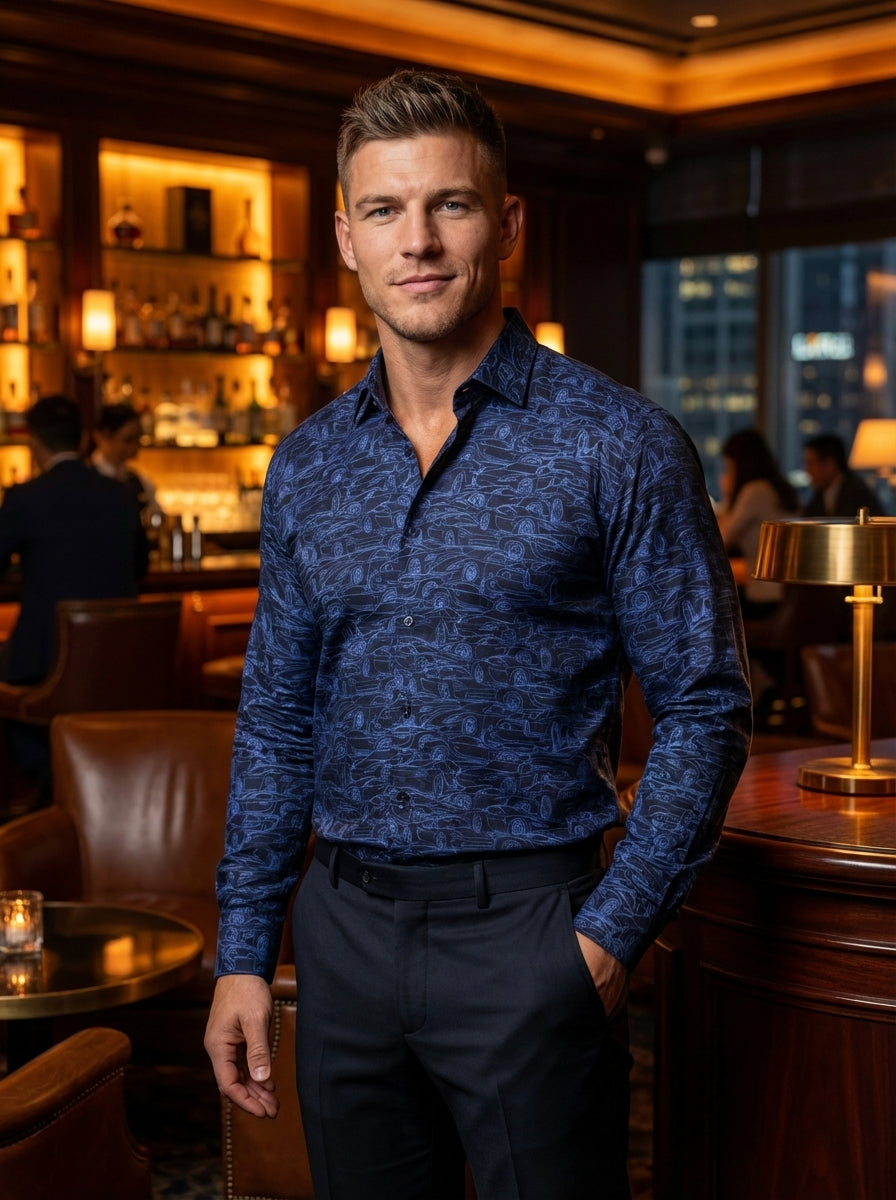 A sophisticated long-sleeve button-down shirt featuring a deep navy base with a unique, intricate blue sports car outline print. Crafted with a tailored fit and structured collar, this garment offers a modern, playful twist on classic men's evening attire