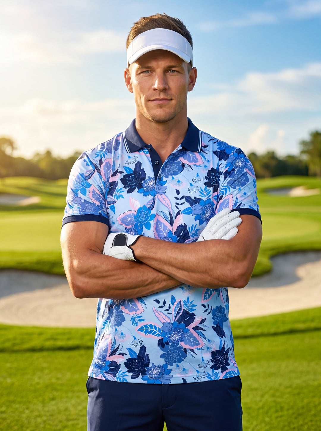 This vibrant light blue polo shirt features an intricate all-over floral print in shades of navy, azure, and soft pink. It is designed with a classic navy ribbed collar and matching sleeve cuffs, offering a refined yet playful tropical aesthetic.