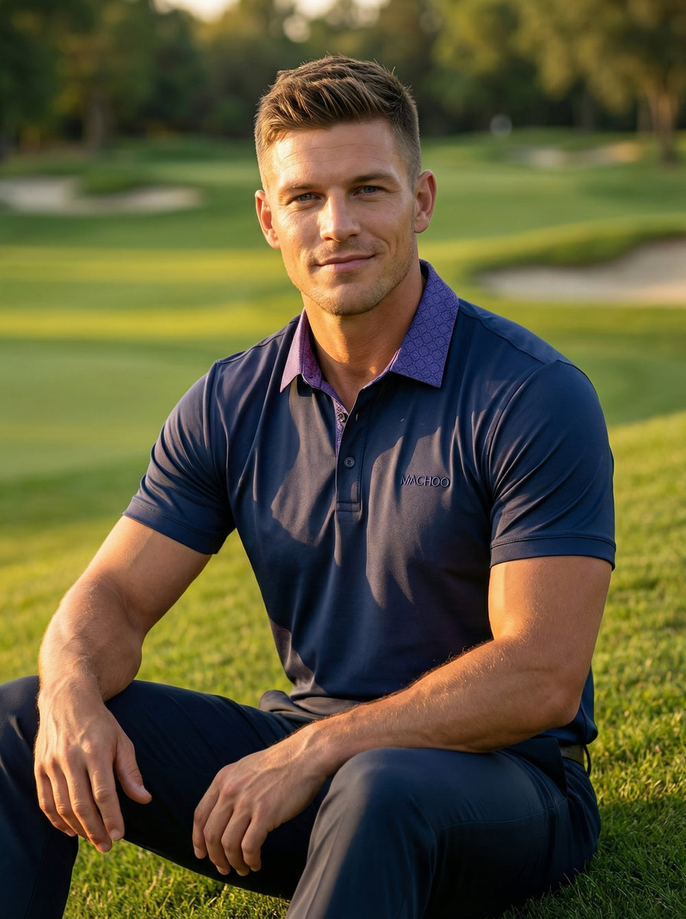 This sophisticated navy blue polo shirt features a unique contrasting purple patterned collar and a three-button placket. Crafted with a tailored fit, it includes a subtle embroidered logo on the chest, offering a modern twist on a classic athletic silhou