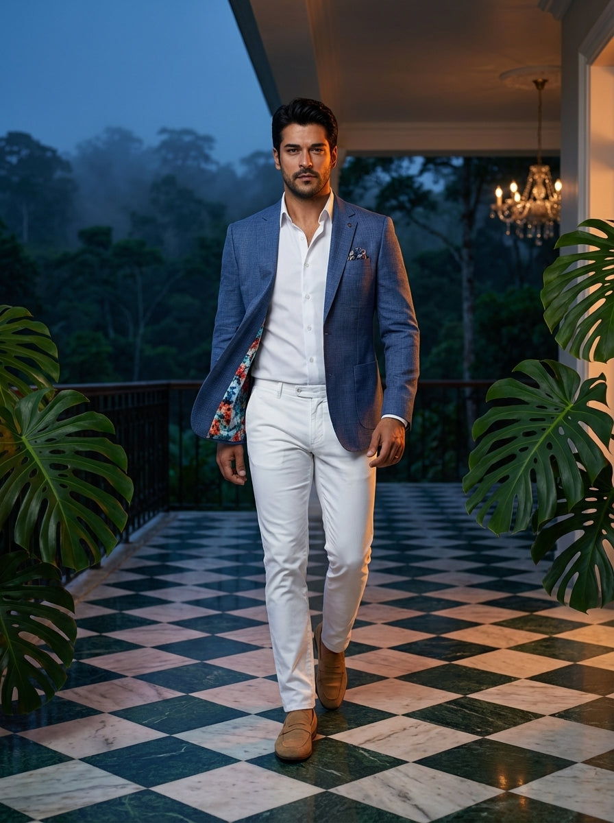 A sophisticated ensemble featuring a tailored blue textured blazer paired with a vibrant floral button-down shirt. The look is completed with crisp white slim-fit trousers and tan suede loafers, embodying a refined yet relaxed aesthetic for high-end tropi