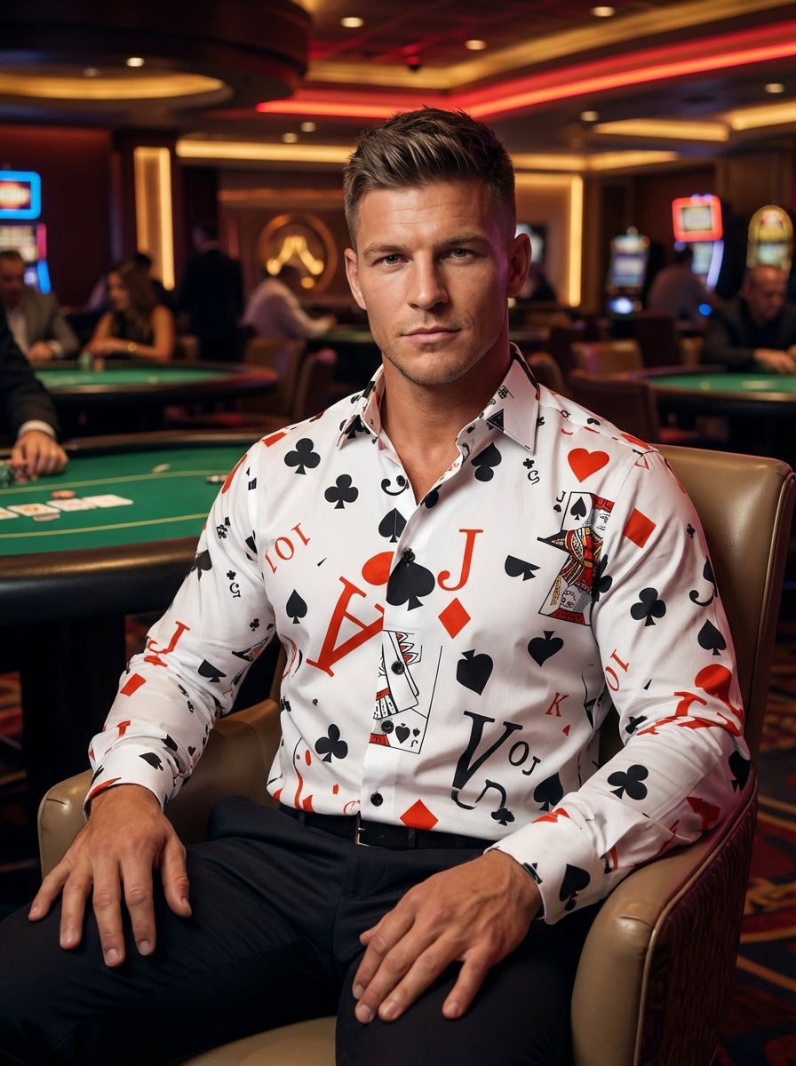 This bold button-down shirt features a playful playing card print with spades, clubs, diamonds, and hearts. Set against a crisp white background with red and black accents, it includes a structured collar and contrasting black buttons for a high-stakes lo