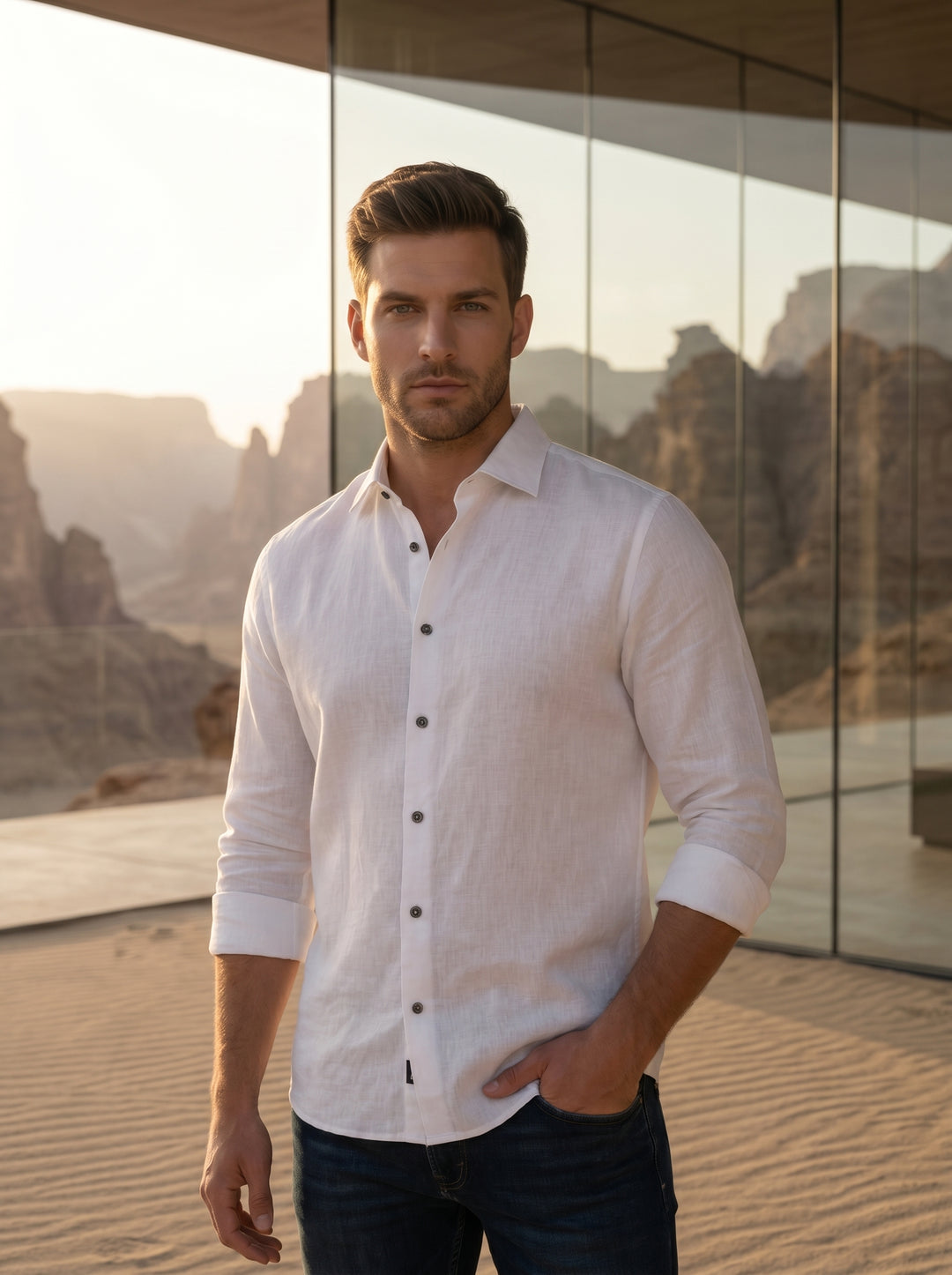 This classic white long-sleeve linen shirt features a subtle textured weave, a sharp spread collar, and contrasting dark buttons. Designed with a tailored fit, it offers a clean, sophisticated look that pairs perfectly with dark denim for versatile stylin