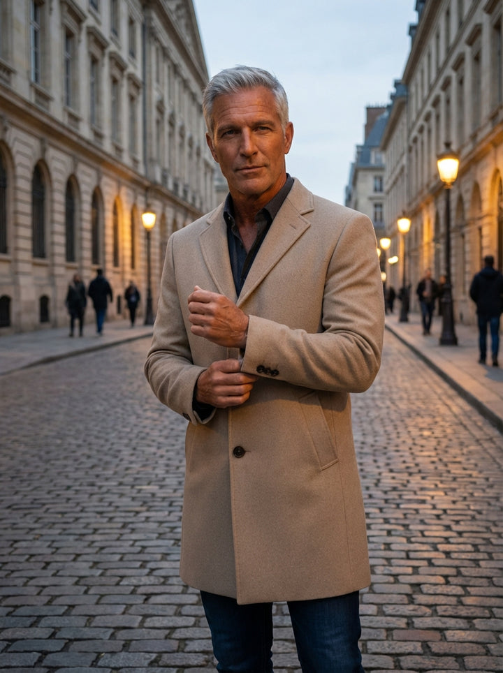 This classic beige wool-blend overcoat features a sophisticated single-breasted design with a three-button closure and elegant notch lapels. Tailored for a structured fit, its mid-length silhouette and soft texture provide timeless warmth and versatile st