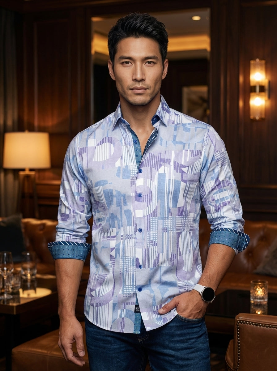 This modern men's button-down shirt features a sophisticated geometric abstract print in cool tones of light blue, lavender, and white. It includes contrasting dark blue patterns on the inner collar and cuffs, adding a refined, stylish touch to casual att