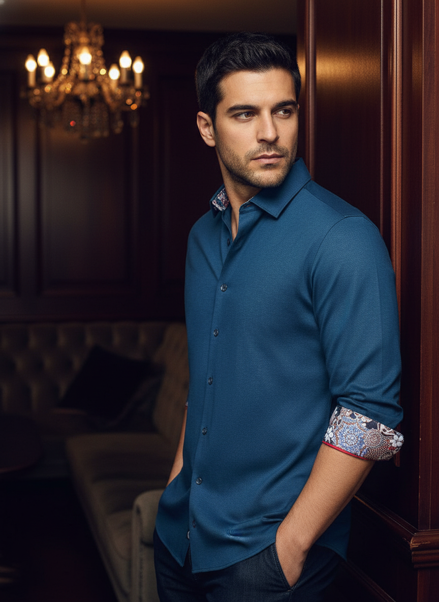 Elevate your wardrobe with this refined teal button-down, featuring a sophisticated tailored fit. Red piping accents and intricate floral-patterned cuffs provide a touch of artisanal flair, making it perfect for transitioning from office hours to evening 