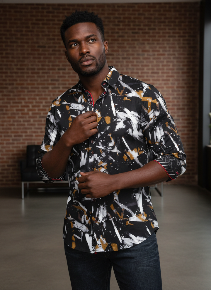 Unleash your artistic side with this contemporary long-sleeve shirt, featuring a bold abstract brushstroke print in striking black, white, and gold. Crafted for modern sophistication, it’s a dynamic statement piece for any discerning wardrobe.