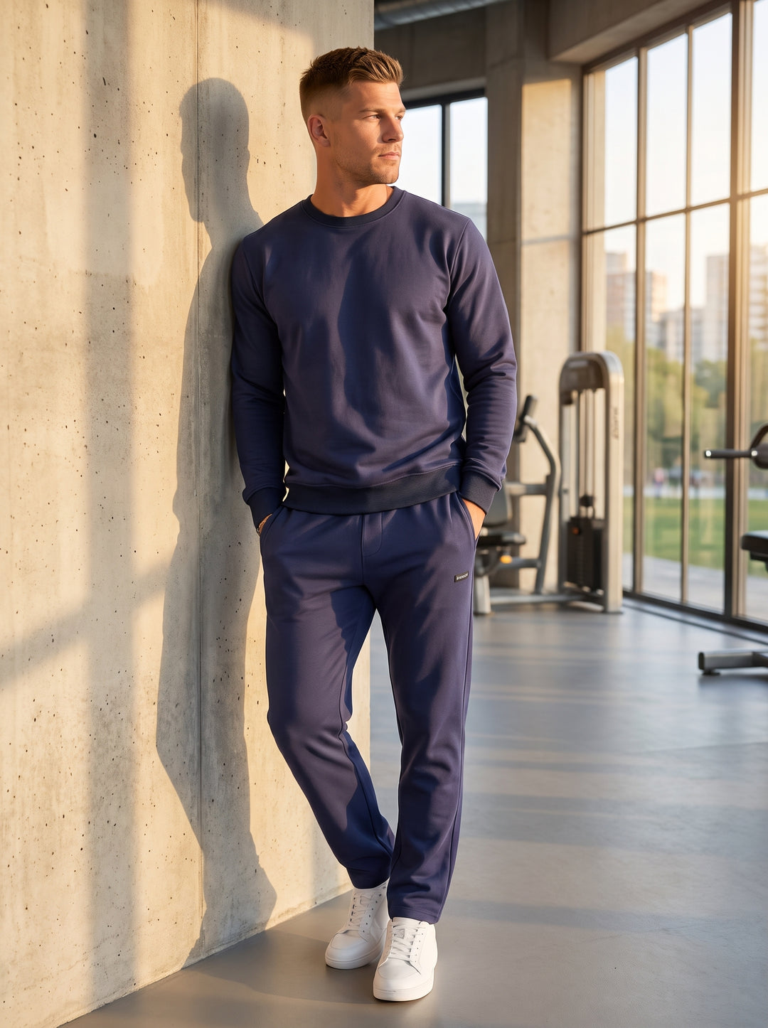 These premium navy blue joggers are crafted from high-quality, breathable cotton-blend fabric for ultimate comfort. Featuring a relaxed straight-leg silhouette, a comfortable elasticated waistband, and subtle branding, they are perfectly paired with a mat