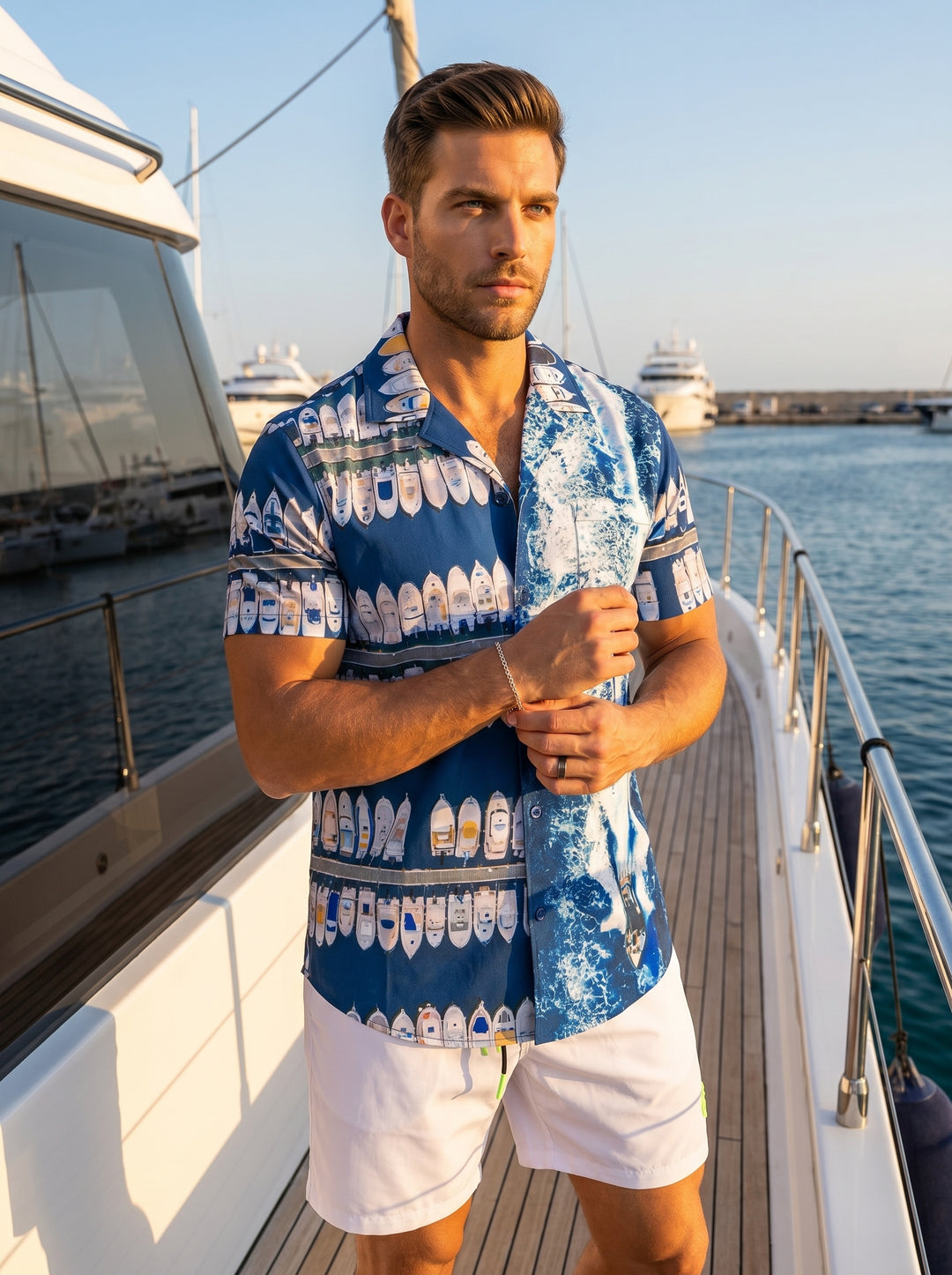 This vibrant short-sleeve button-down shirt features a unique nautical motif, showcasing rows of docked boats on one side and a dynamic white-water wake on the other. Its bold blue palette and relaxed camp collar create a perfect summer-ready aesthetic.