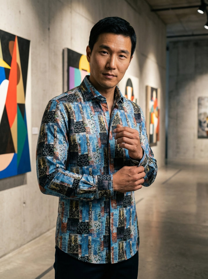 This Masutto long-sleeved button-down shirt features an eclectic patchwork mosaic print. A vibrant blend of cerulean blue, earthy ochre, and charcoal black panels are accented by abstract circular motifs, offering a bold, artistic aesthetic for the modern