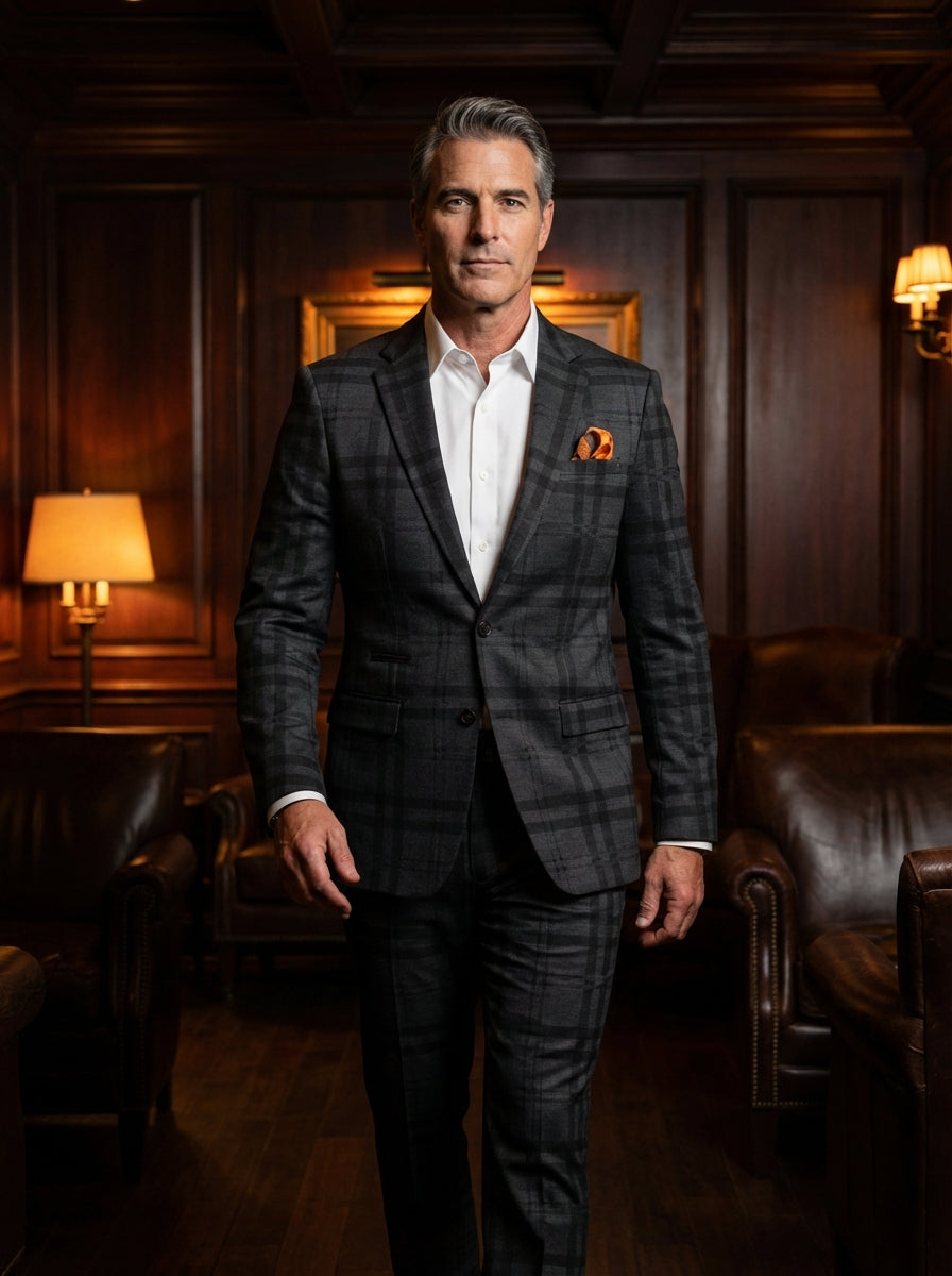 Elevate your formal attire with this sophisticated charcoal plaid suit featuring a subtle check pattern. Crafted for a tailored fit, the blazer includes a distinctive notch lapel, single-button closure, and is paired perfectly with a crisp white dress shi