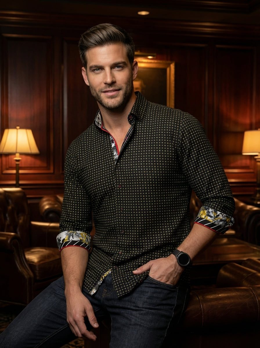 This premium men's button-down shirt features a sophisticated micro-dot pattern on a black base. Elevated details include vibrant red piping and eclectic printed inner cuffs and collar linings, blending classic tailoring with contemporary flair for a bold
