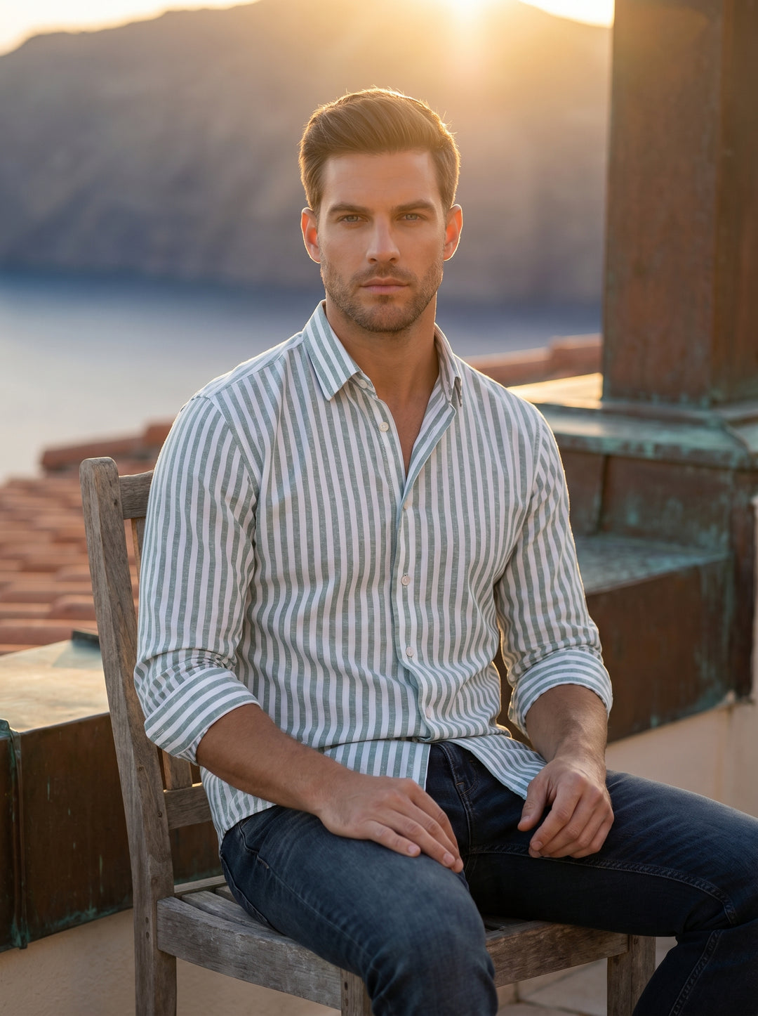 This sophisticated men's button-down shirt features a crisp white and sage green vertical stripe pattern. Crafted with a classic collar and long sleeves with adjustable cuffs, it offers a refined yet relaxed aesthetic perfect for versatile styling with da